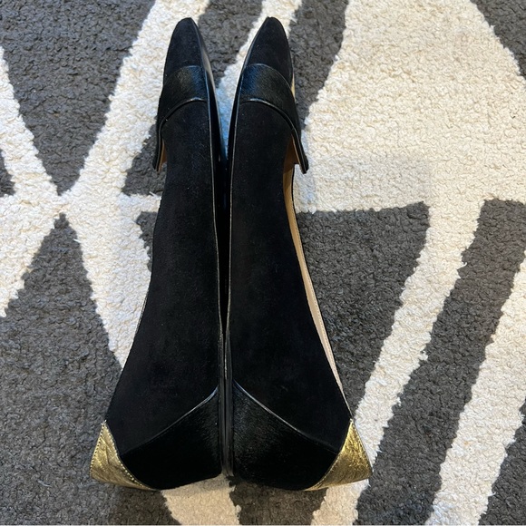 GUC Longchamp Black Gold Point Ballet Flats Leather and Calf Hair Authentic Shoe - Picture 7 of 9